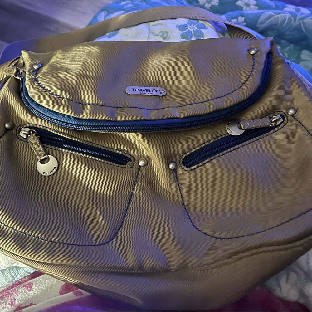 Travelon Gold Bag with Blue Accents